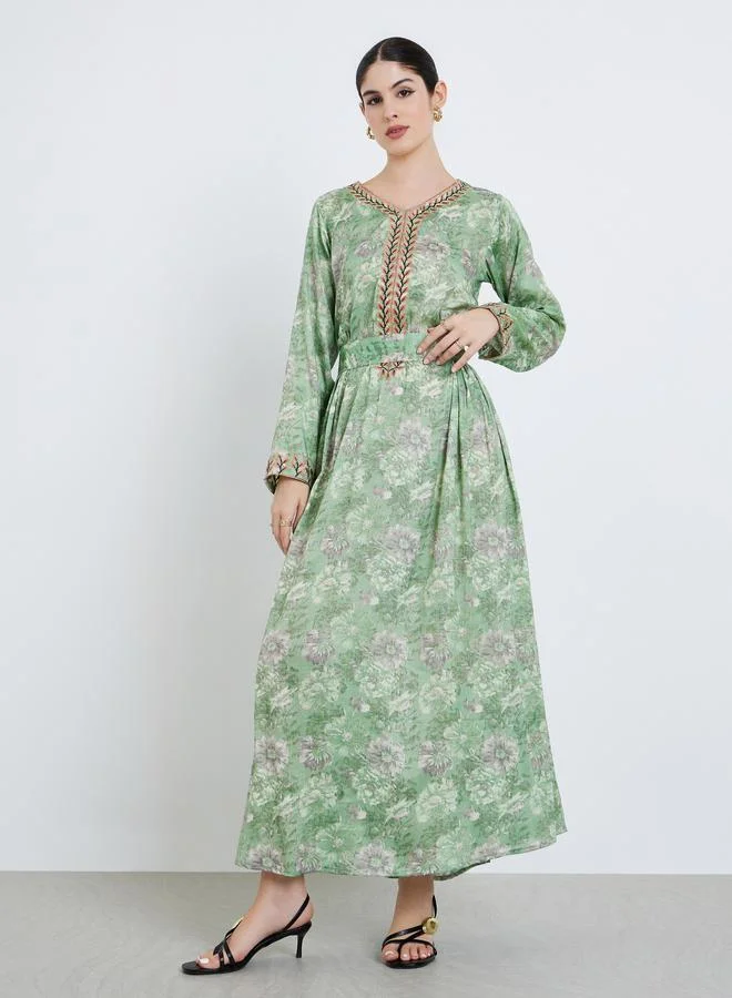 Amirah Women Green Floral Printed Embroidered Jalabiya